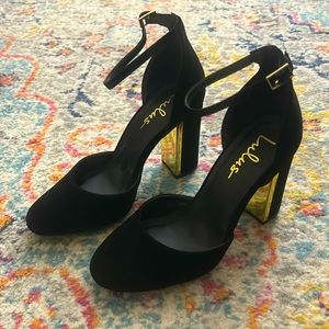 Lulus Black and Gold Velvet High Heels